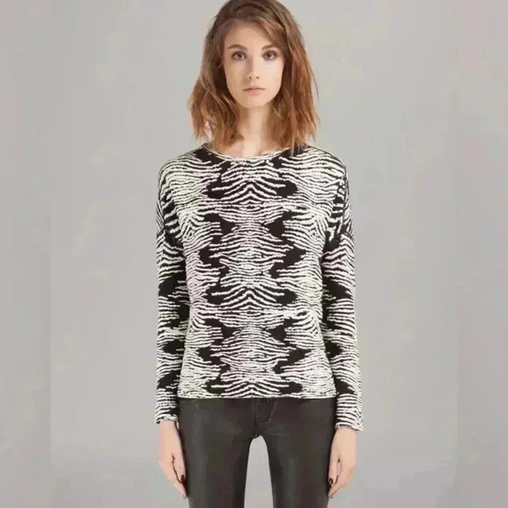MAJE Black/White Printed Wool Crewneck Sweater Medium Women’s